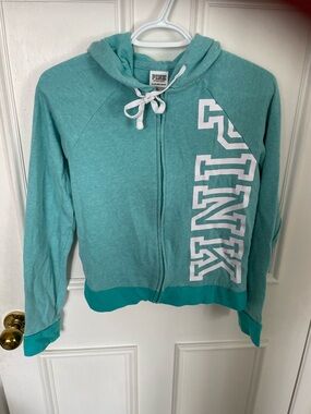 PINK Victoria's Secret Aqua Zip Hoodie with White Drawstrings